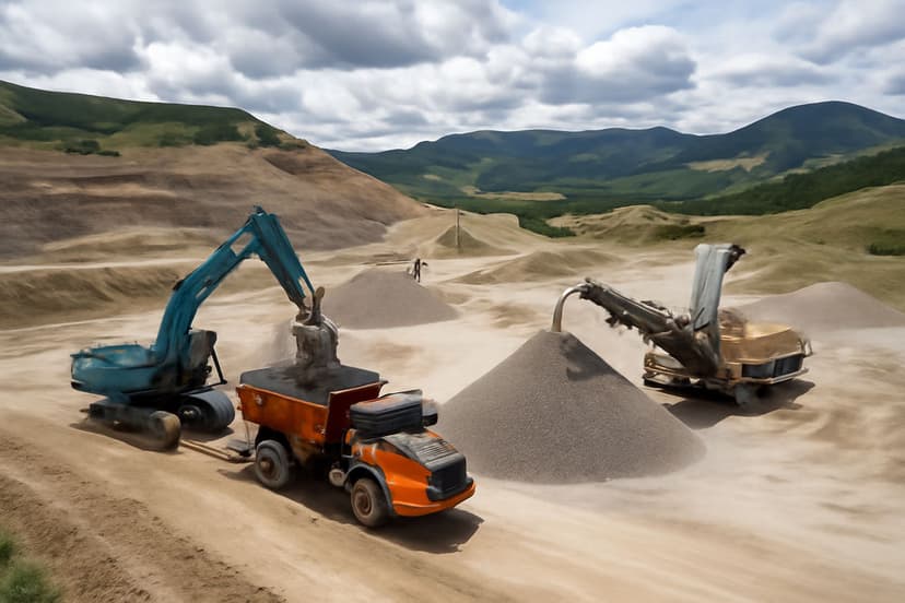 Heavy machinery operating in a gravel quarry with mountains and clouds in the background.